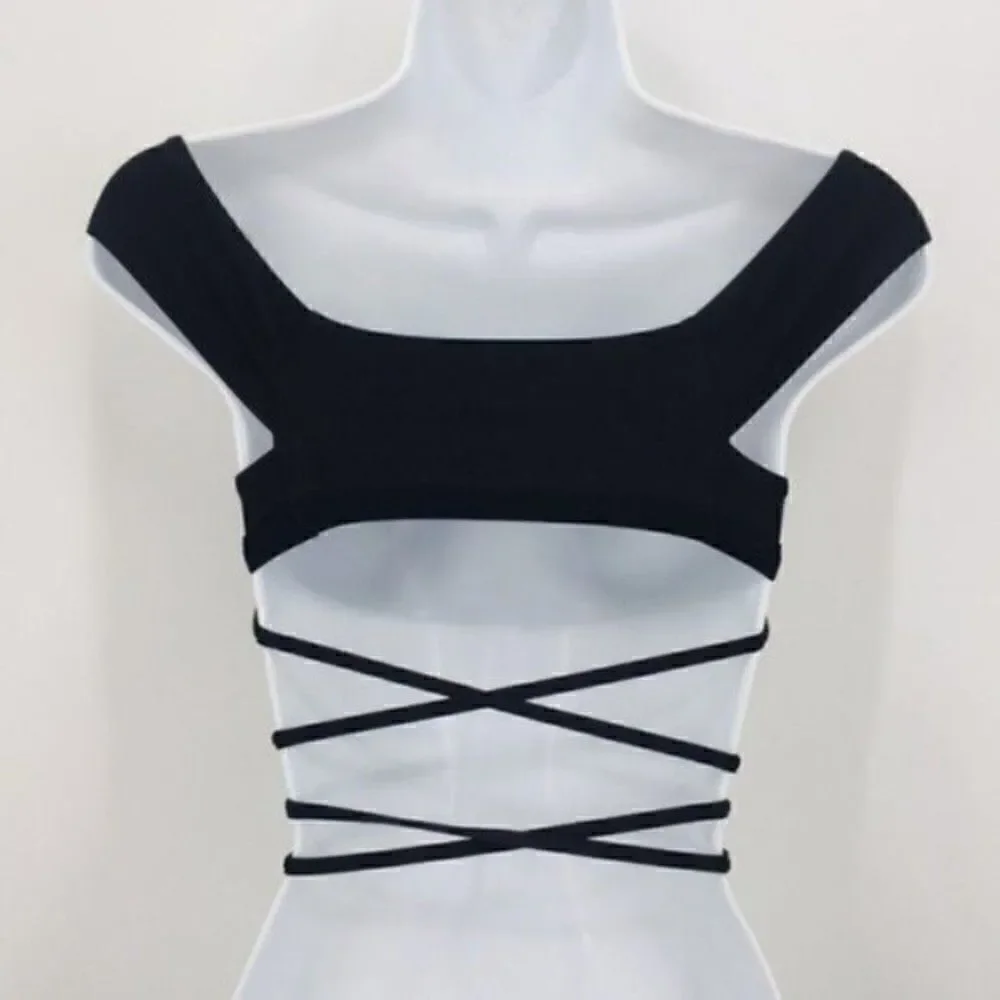 Frankie’s Bikinis black Shiloh off shoulder bikini top small BoxA